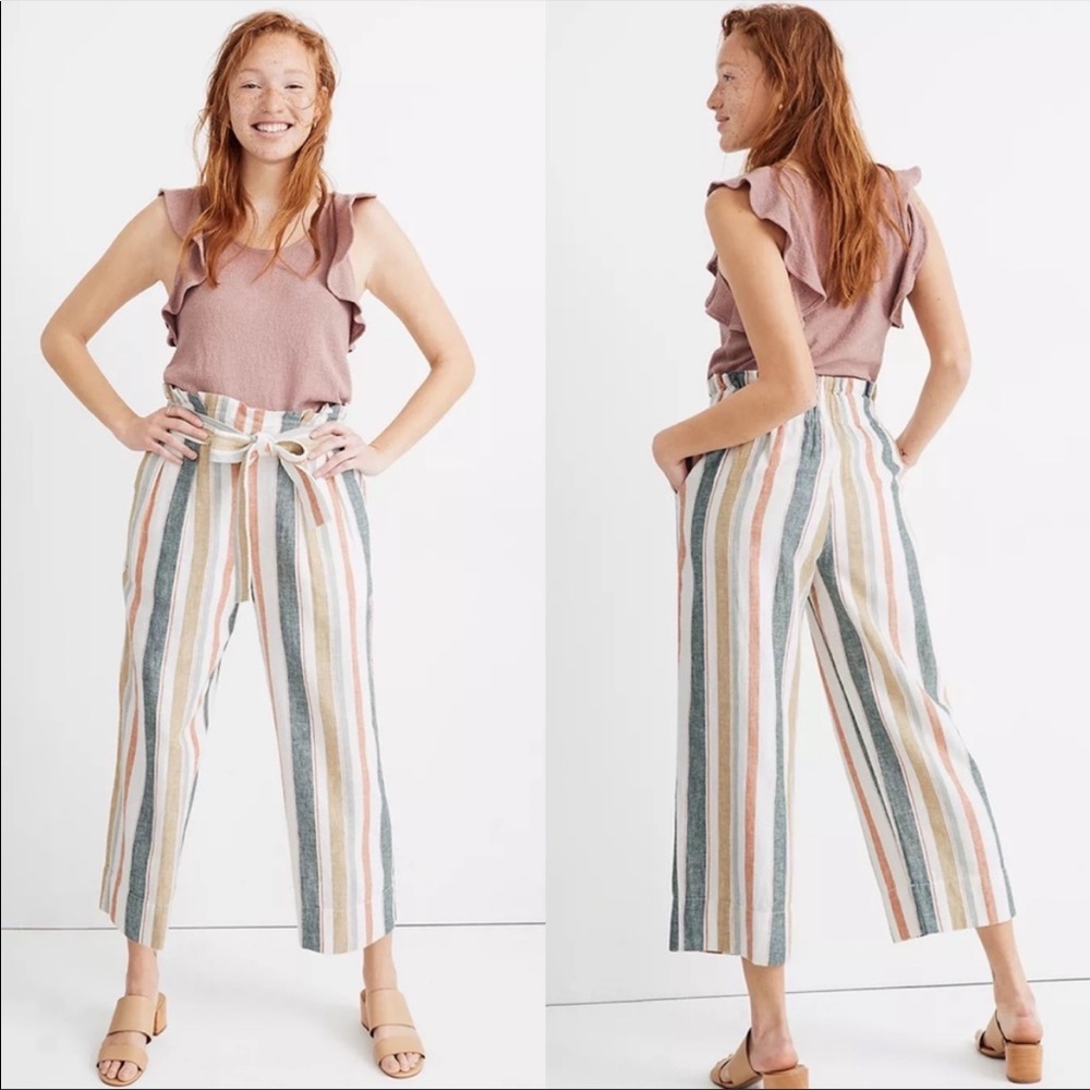 NWT tie waist Hutson pull-on crop pants in stripe linen cotton paperbag